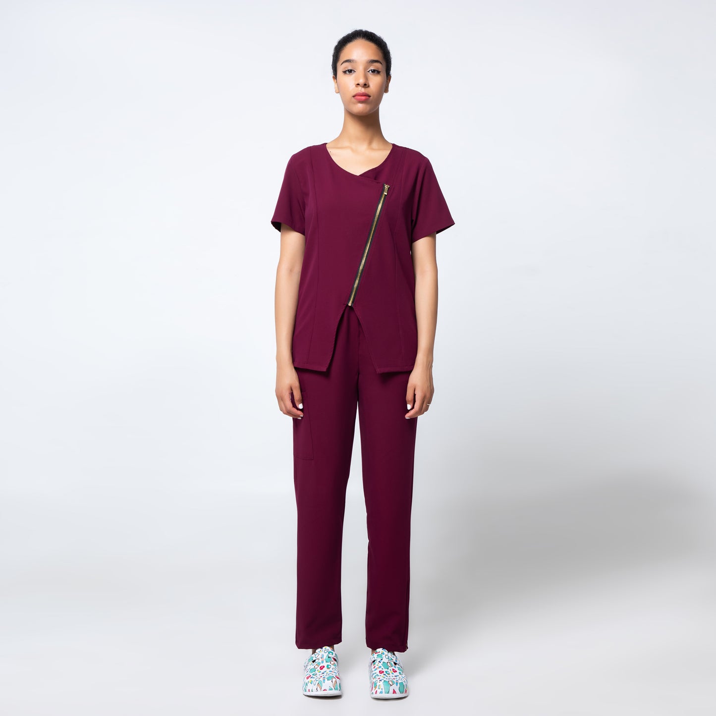 Burgundy Incline Zip Front Nurse Uniform Set