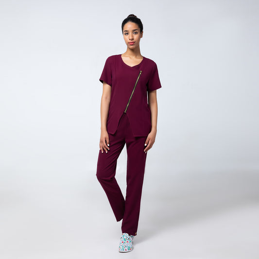 Burgundy Incline Zip Front Nurse Uniform Set